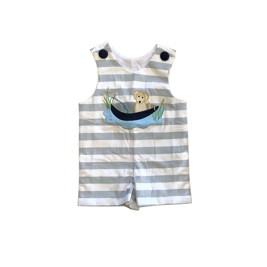 (Pre-order)SR2161 Fishing Dog Stripes Print Baby Boys Summer Romper