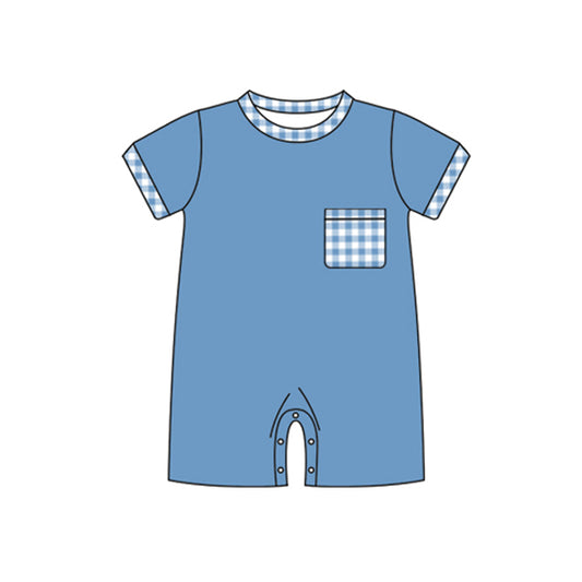 (Pre-order)SR2165 Blue Color Plaid Pocket Baby Boys Short Sleeve Romper