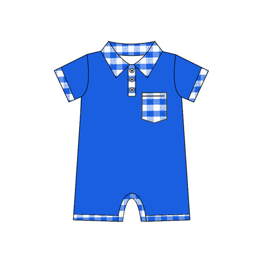 (Pre-order)SR2177 Plaid Print Pocket Blue Baby Boys Summer Romper
