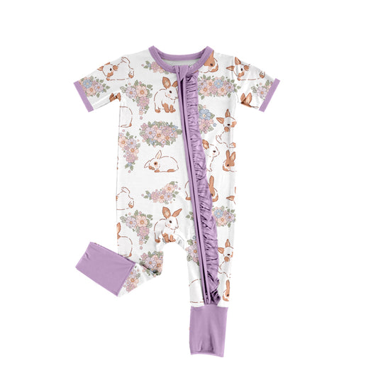 (Pre-order)SR2178 Bunny Flowers Print Baby Girls Easter Sleeper Zipper Romper