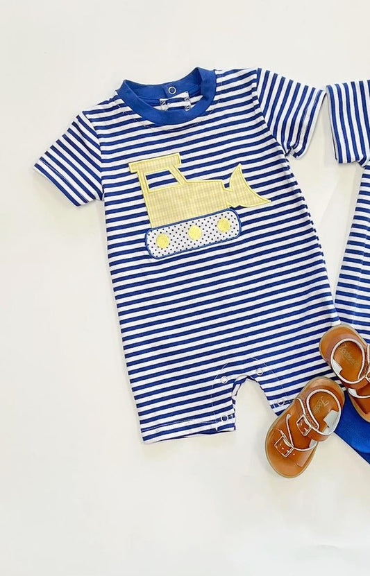 (Pre-order)SR2180 Bulldozer Blue Stripes Print Baby Boys Summer Romper