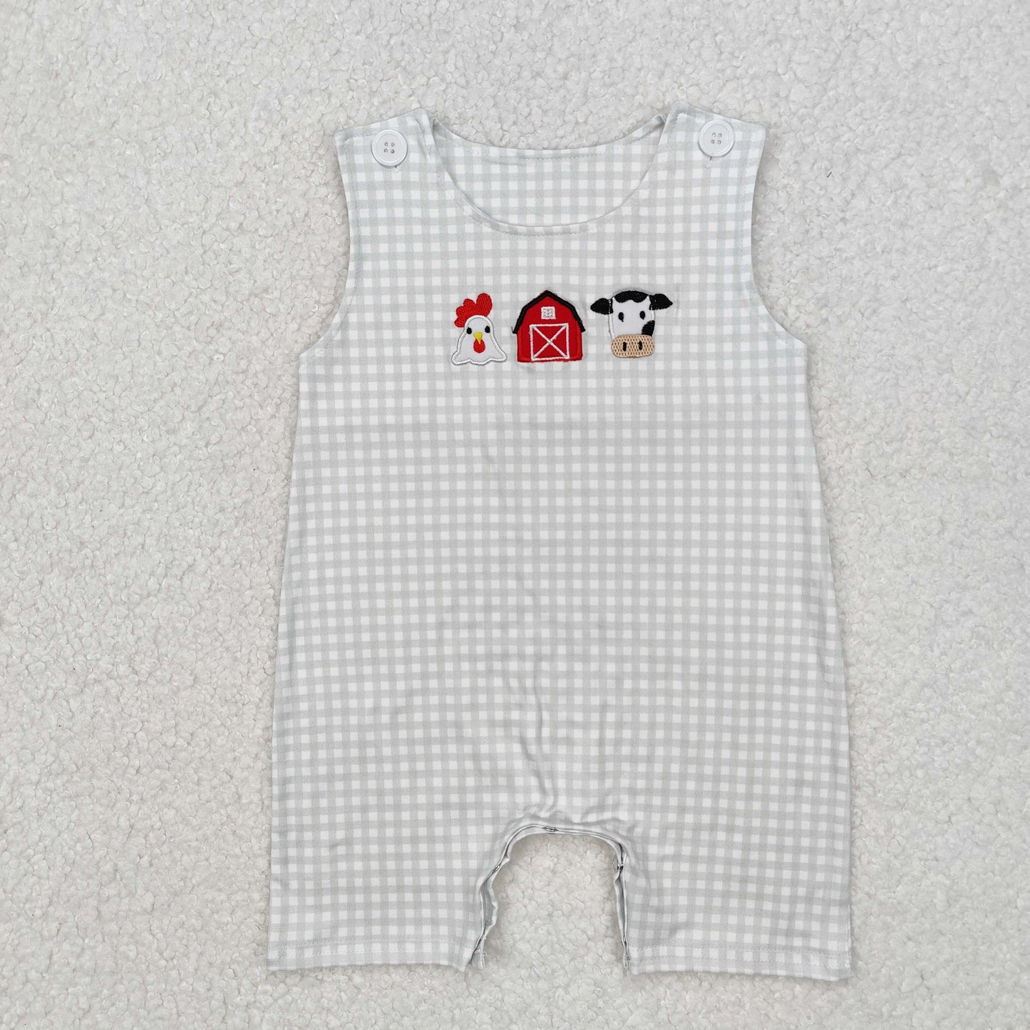 Chicken Cow Farm Embroidery Plaid Print Sibling Summer Matching Clothes