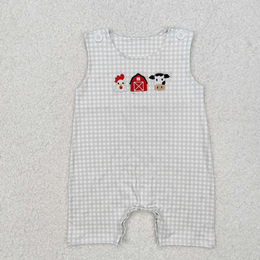 SR2183 Chicken Cow Farm Embroidery Plaid Print Baby Boys Summer Romper