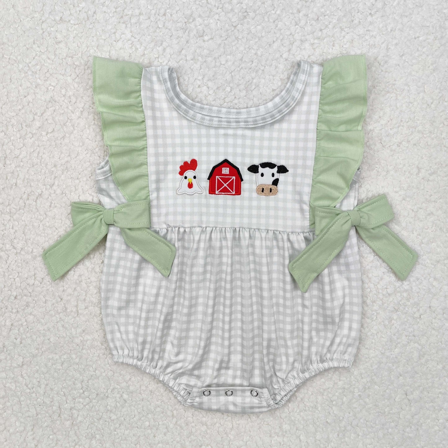 SR2184 Chicken Cow Farm Embroidery Plaid Print Baby Girls Summer Romper