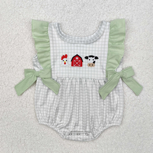 SR2184 Chicken Cow Farm Embroidery Plaid Print Baby Girls Summer Romper