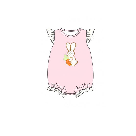 (Pre-order)SR2192 Bunny Carrot Pink Print Baby Girls Easter Flutter Sleeve Romper