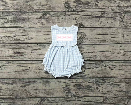 (Pre-order)SR2203 Bows Blue Plaid Print Baby Girls Short Sleeve Romper