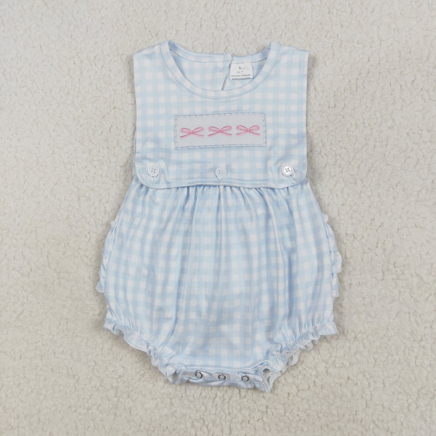 SR2203 Bows Embroidery Blue Plaid Print Baby Girls Short Sleeve Romper