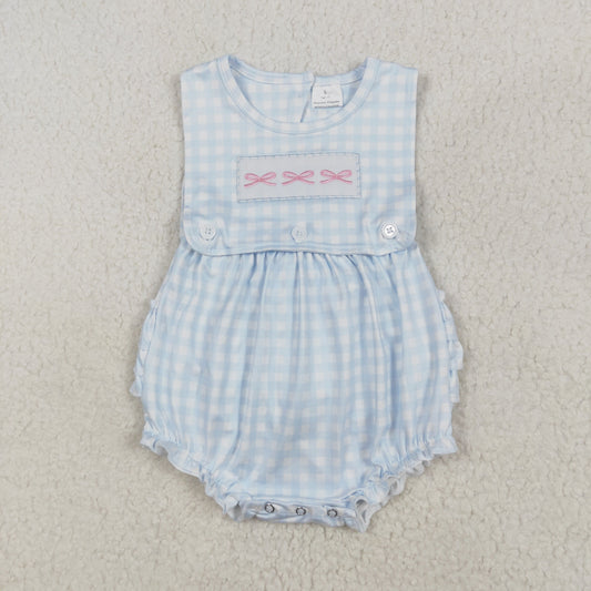 SR2203 Bows Embroidery Blue Plaid Print Baby Girls Short Sleeve Romper