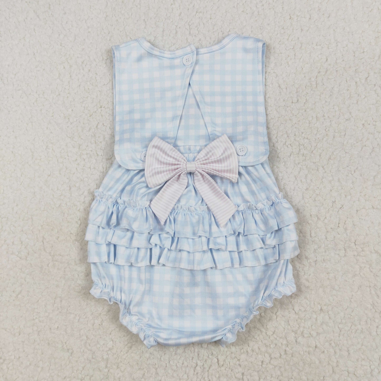 SR2203 Bows Embroidery Blue Plaid Print Baby Girls Short Sleeve Romper