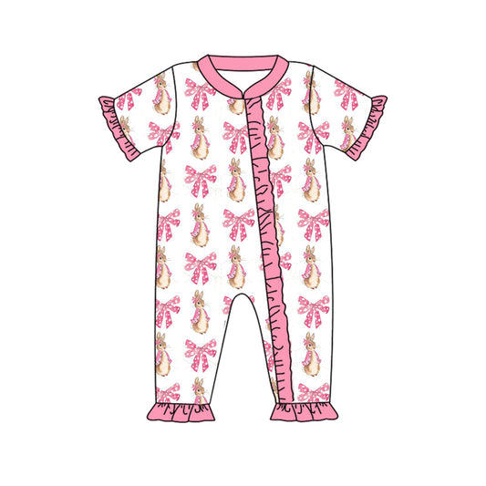 (Pre-order)SR2213 Bunny Bows Print Baby Girls Easter Sleeper Zipper Romper