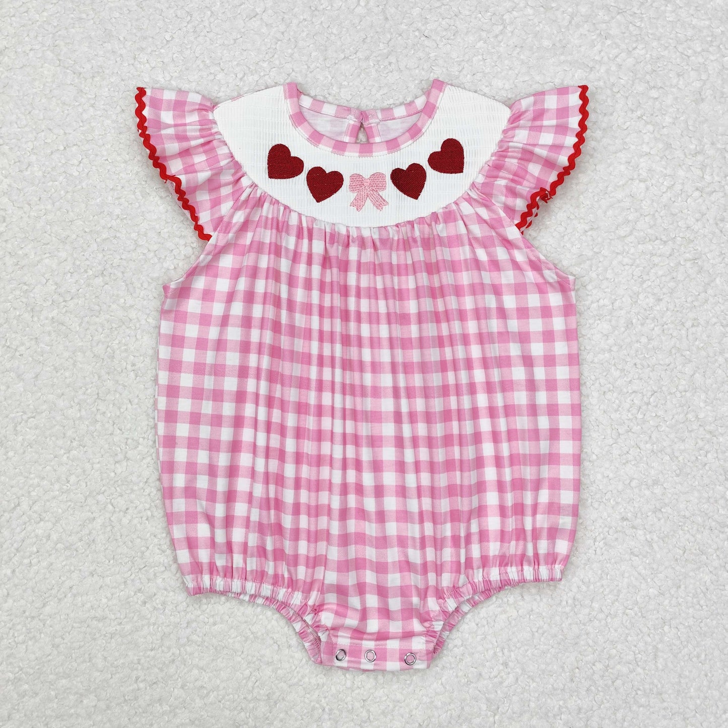 SR2214 Heart Embroidery Pink Plaid Print Baby Girls Valentine's Day Smocked Romper