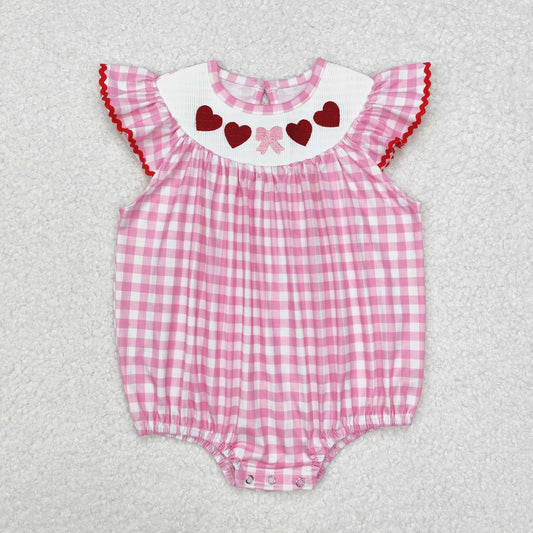 SR2214 Heart Embroidery Pink Plaid Print Baby Girls Valentine's Day Smocked Romper