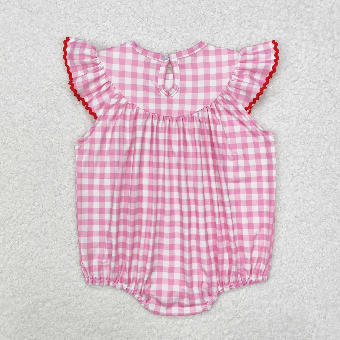 SR2214 Heart Embroidery Pink Plaid Print Baby Girls Valentine's Day Smocked Romper