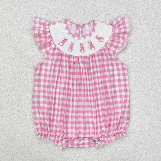 SR2215 Bunny Embroidery Pink Plaid Print Baby Girls Easter Smocked Romper