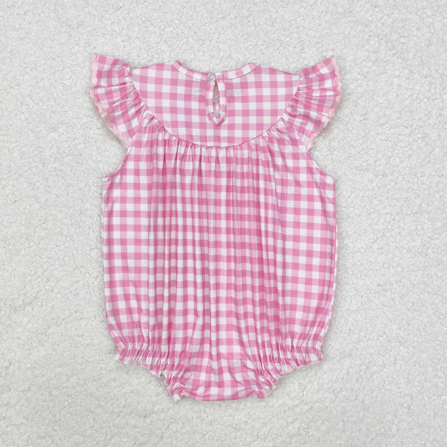 SR2215 Bunny Embroidery Pink Plaid Print Baby Girls Easter Smocked Romper