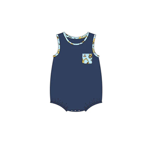 (Pre-order)SR2217 Construction Trucks Blue Print Pocket Baby Boys Summer Romper