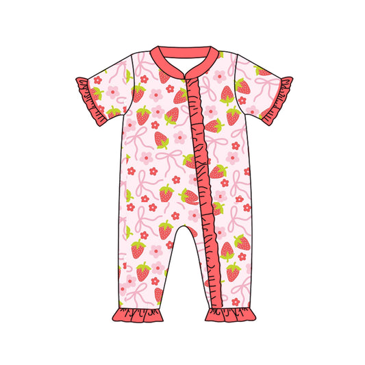 (Pre-order)SR2220 Strawberry Flowers Bows Print Baby Girls Sleeper Zipper Romper