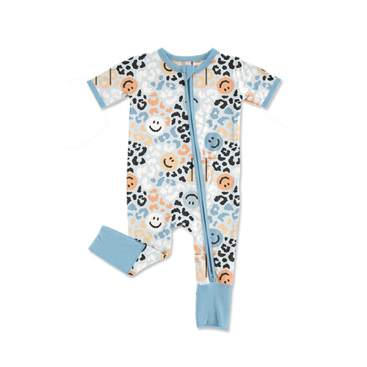 (Pre-order)SR2223 Smiling Face Leopard Print Baby Girls Sleeper Zipper Romper