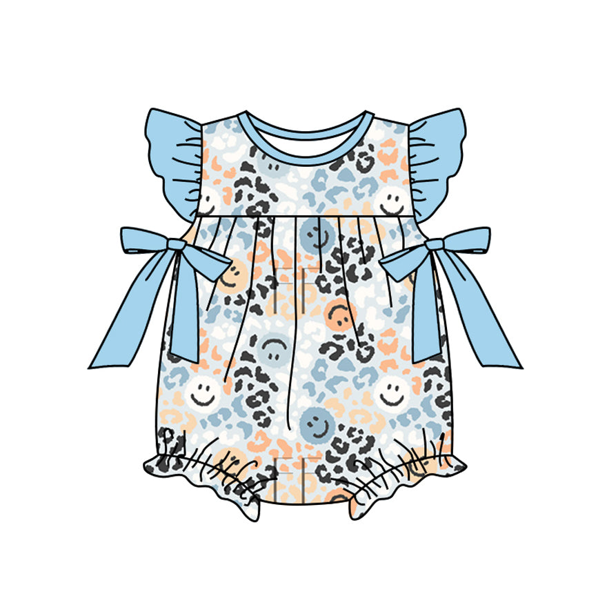 (Pre-order)SR2224 Smiling Face Leopard Print Baby Girls Summer Romper