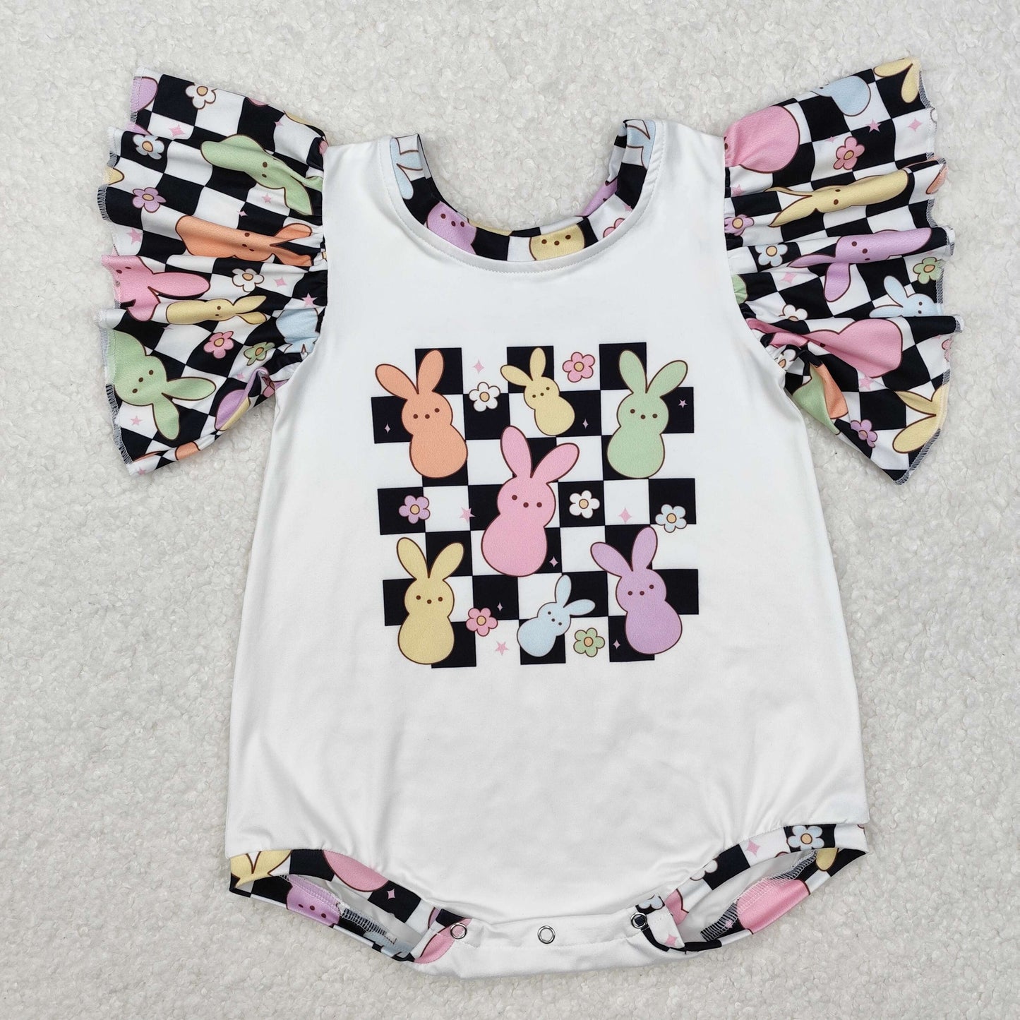 SR2227 Bunny Flowers Plaid Print Baby Girls Easter Romper