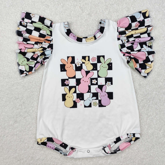 SR2227 Bunny Flowers Plaid Print Baby Girls Easter Romper