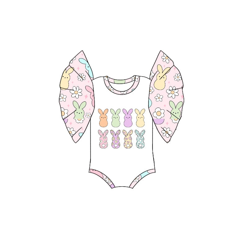 (Pre-order)SR2229 Bunny Flowers Print Baby Girls Easter Romper