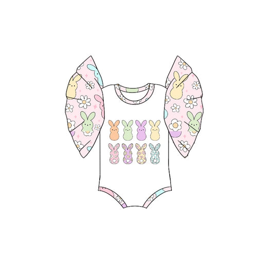 (Pre-order)SR2229 Bunny Flowers Print Baby Girls Easter Romper