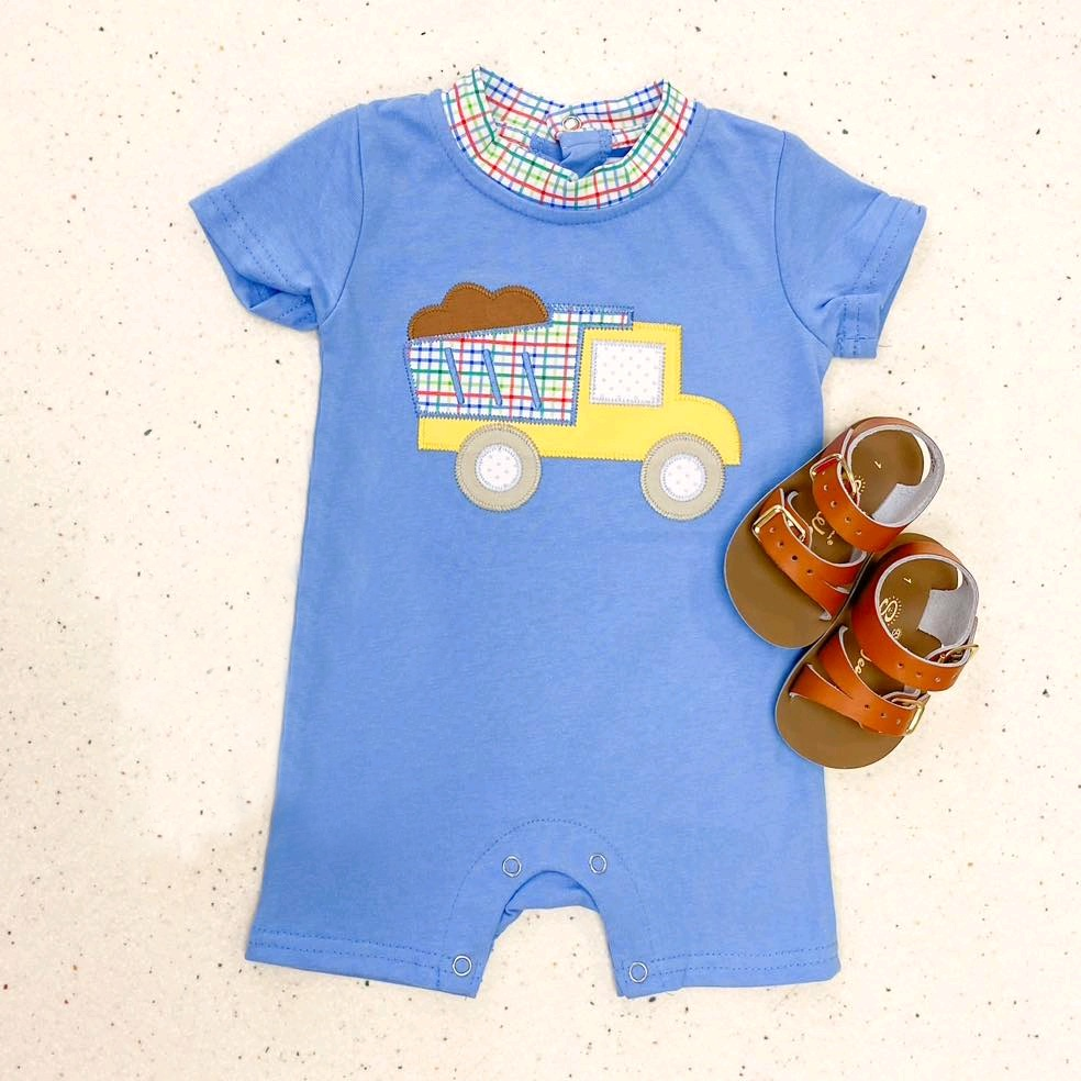 (Pre-order)SR2237 Dump Truck Blue Print Baby Boys Summer Romper
