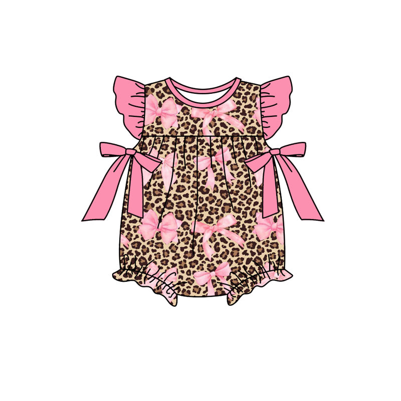 (Pre-order)SR2238 Bows Leopard Print Baby Girls Summer Romper