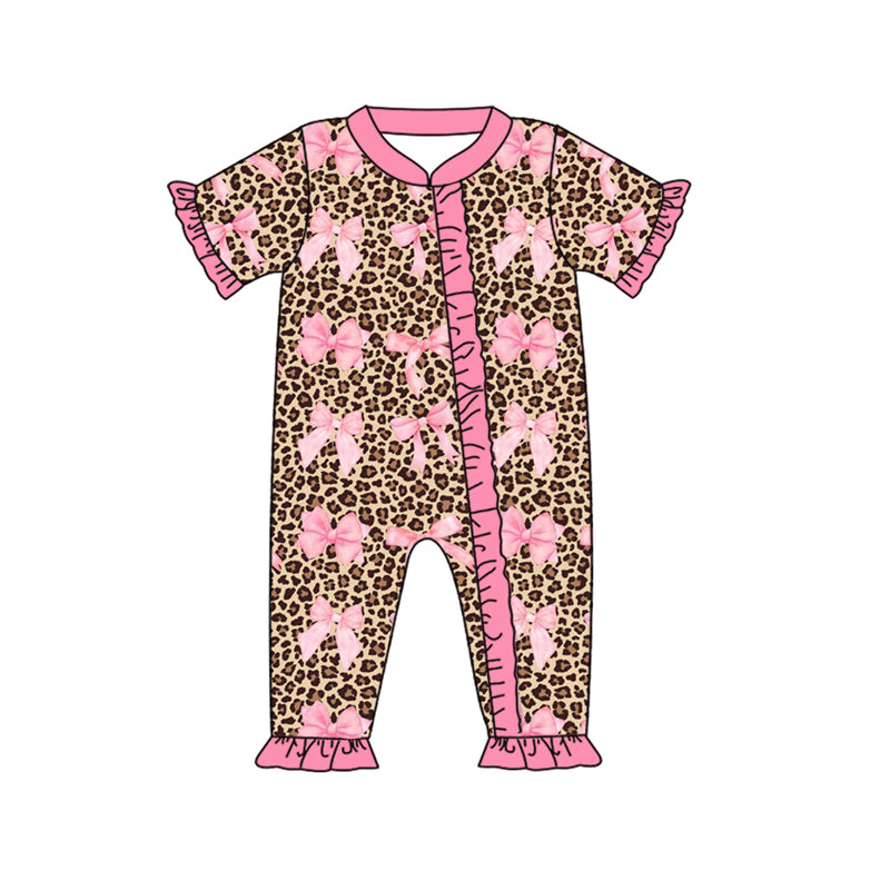 (Pre-order)SR2239 Bows Leopard Print Baby Girls Sleeper Zipper Romper