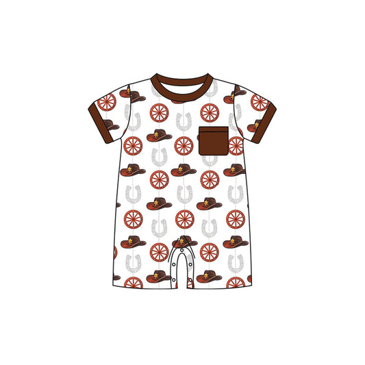 (Pre-order)SR2242 Hat Western Print Baby Boys Summer Romper