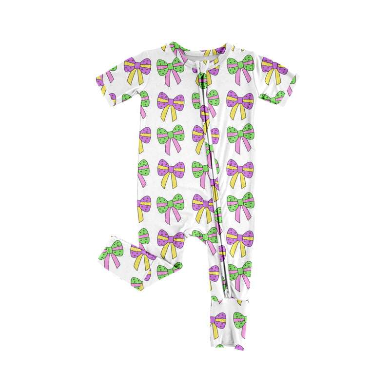 (Pre-order)SR2245 Bows Print Baby Girls Mardi Gras Sleeper Zipper Romper