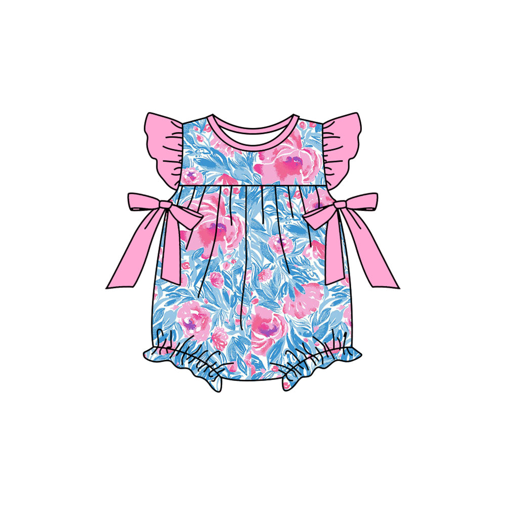 (Pre-order)LR2247 Blue Pink Flowers Print Baby Girls Summer Romper