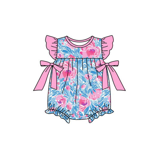 (Pre-order)LR2247 Blue Pink Flowers Print Baby Girls Summer Romper
