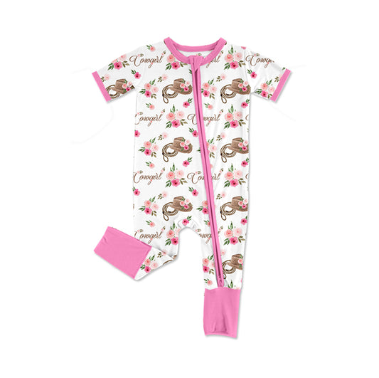 (Pre-order)SR2249 Flowers Hat Print Baby Girls Western Sleeper Zipper Romper