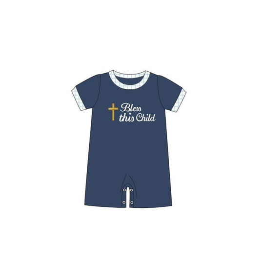 (Pre-order)SR2253  Cross Navy Print Baby Boys Easter Romper