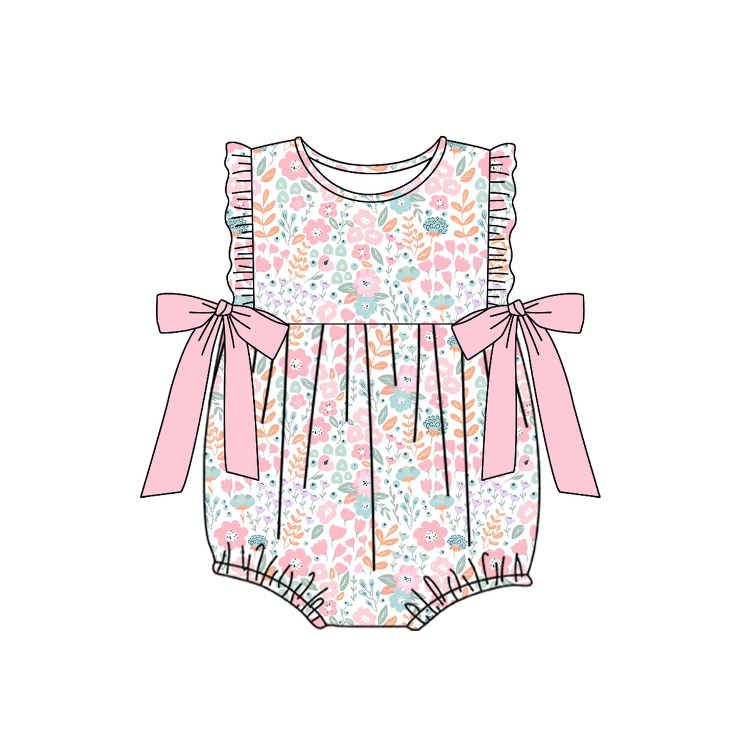 (Pre-order)SR2268  Pink Flowers Print Baby Girls Summer Romper
