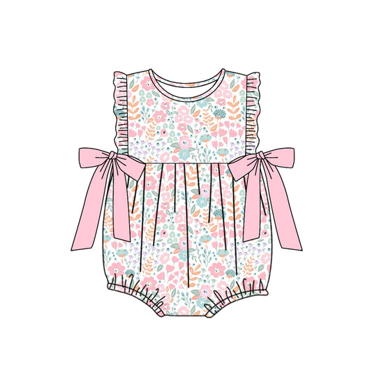 (Pre-order)SR2268  Pink Flowers Print Baby Girls Summer Romper