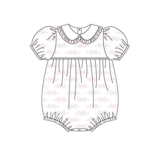 (Pre-order)SR2270  Pink Bows White Print Baby Girls Summer Romper