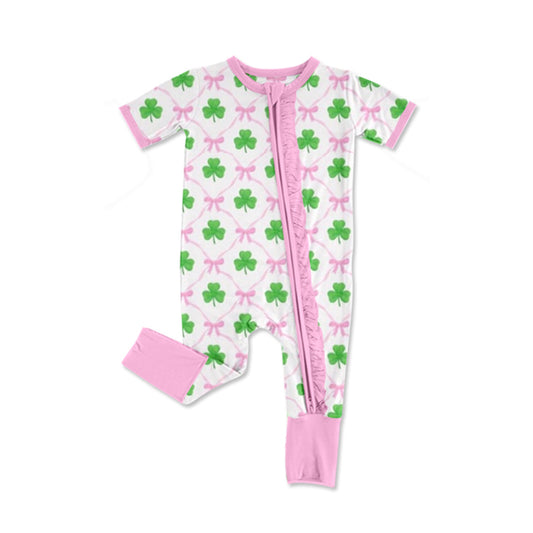 (Pre-order)SR2273 Leaf Print Baby Girls St. Patrick's Day Sleeper Zipper Romper