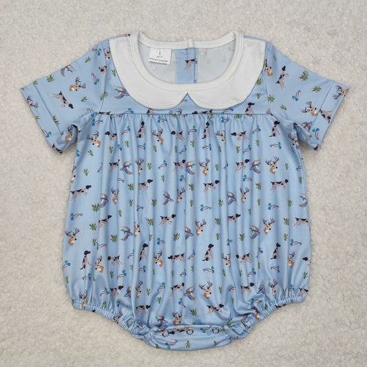 SR2275 Duck Dog Deer Blue Hunting Print Baby Girls Summer Romper