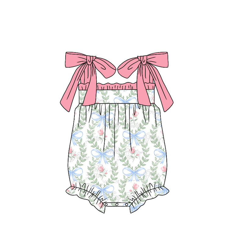 (Pre-order)SR2278  Flowers Bows Print Baby Girls Summer Romper