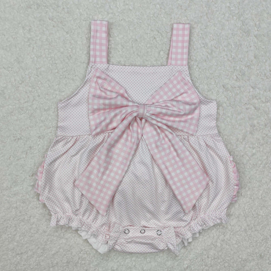 SR2280  Pink Dots Plaid Print Bow Baby Girls Summer Bubble Romper