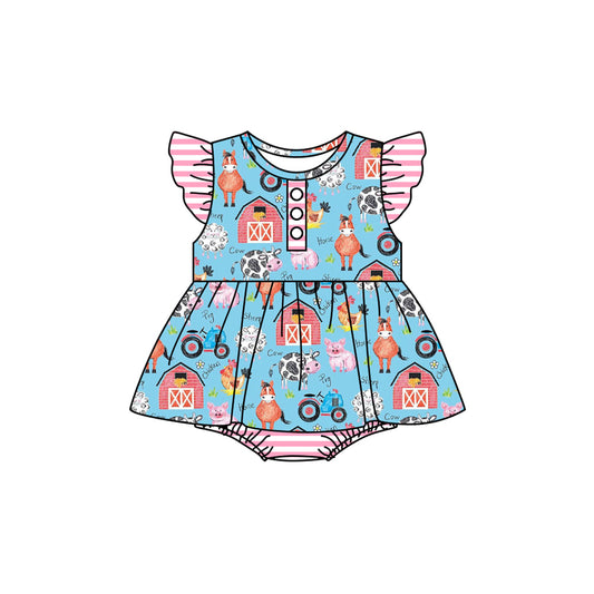 (Pre-order)SR2282  Farm Animals Print Baby Girls Summer Ruffle Romper