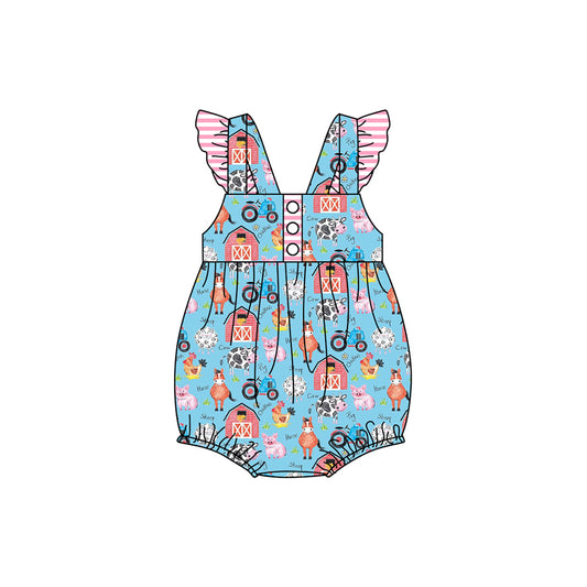 (Pre-order)SR2283  Farm Animals Print Baby Girls Summer Bubble Romper