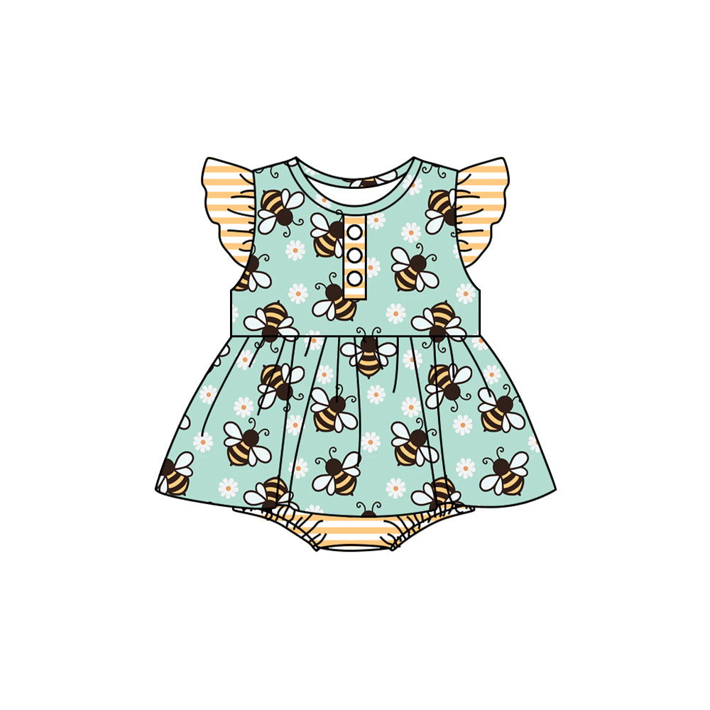 (Pre-order)SR2284  Bee Flowers Print Baby Girls Summer Ruffle Romper