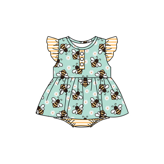 (Pre-order)SR2284  Bee Flowers Print Baby Girls Summer Ruffle Romper