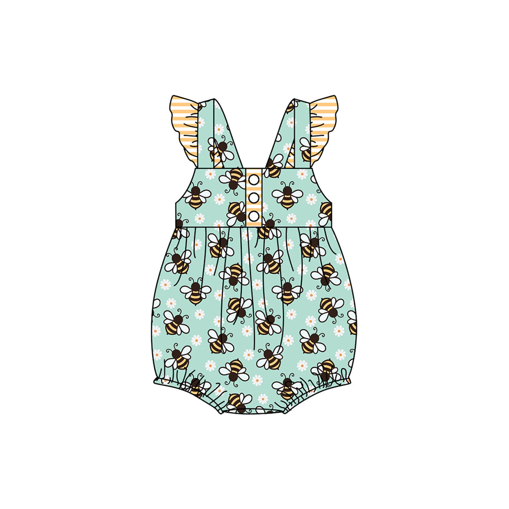 (Pre-order)SR2285  Bee Flowers Print Baby Girls Summer Bubble Romper