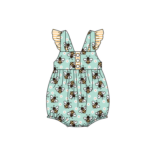 (Pre-order)SR2285  Bee Flowers Print Baby Girls Summer Bubble Romper